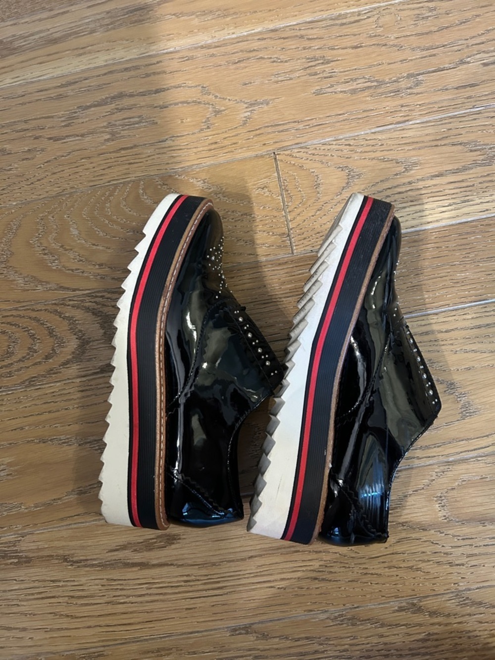 Zara Women Black Patent Studded Platform Derby Shoes size 38